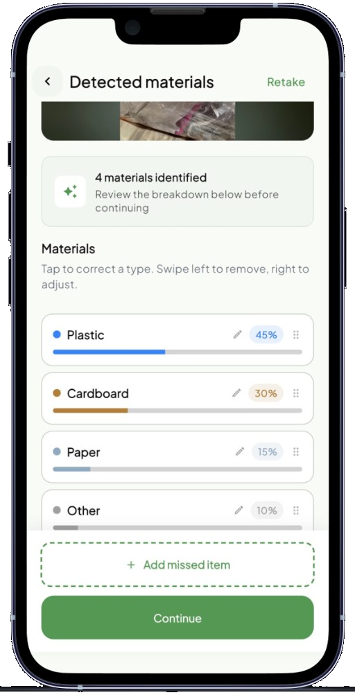 Cova Collect AI detected materials screen